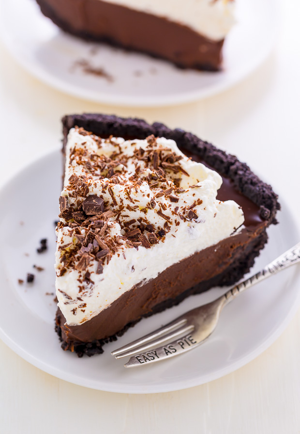 Silky smooth No-Bake Chocolate Cream Pie! This insanely easy recipe can be made ahead of time and frozen for 2 months.