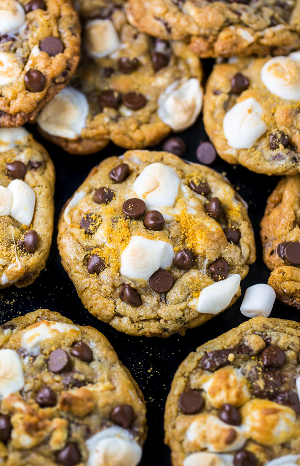 S'mores Chocolate Chip Cookies are thick, chewy, and loaded with so much gooey goodness!