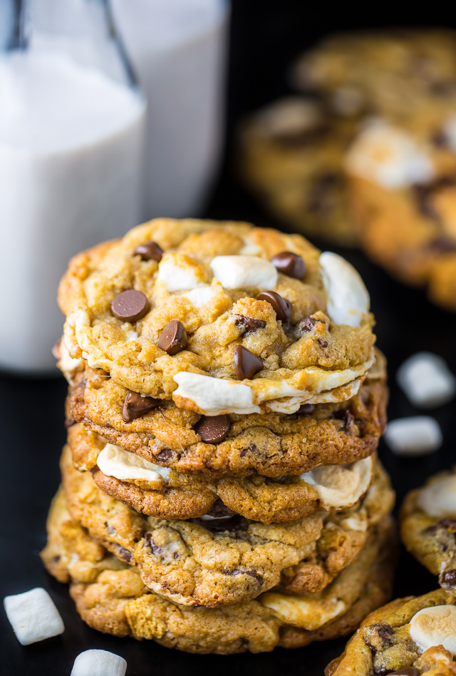 S'mores Chocolate Chip Cookies are thick, chewy, and loaded with so much gooey goodness!