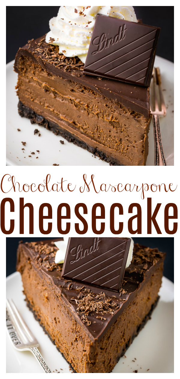 Rich and creamy Chocolate Mascarpone Cheesecake! This decadent chocolate cheesecake features a chocolate cookie crust, a creamy chocolate mascarpone filling, and a chocolate ganache topping! Death by chocolate cheesecake anyone?!