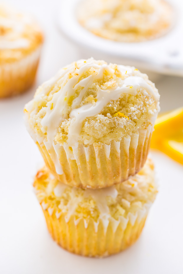 Supremely moist Lemon Crumb Muffins topped with sticky Lemon Glaze!