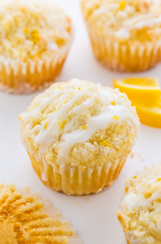 Supremely moist Lemon Crumb Muffins topped with sticky Lemon Glaze!