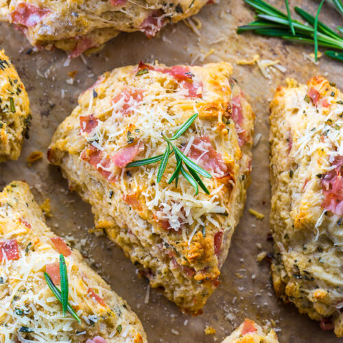 Savory Scones loaded with Parmesan cheese, Ham, and Rosemary! YUM.