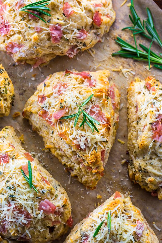 Savory Scones loaded with Parmesan cheese, Ham, and Rosemary! YUM.