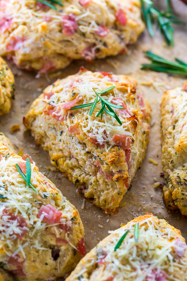 Savory Scones loaded with Parmesan cheese, Ham, and Rosemary! YUM.