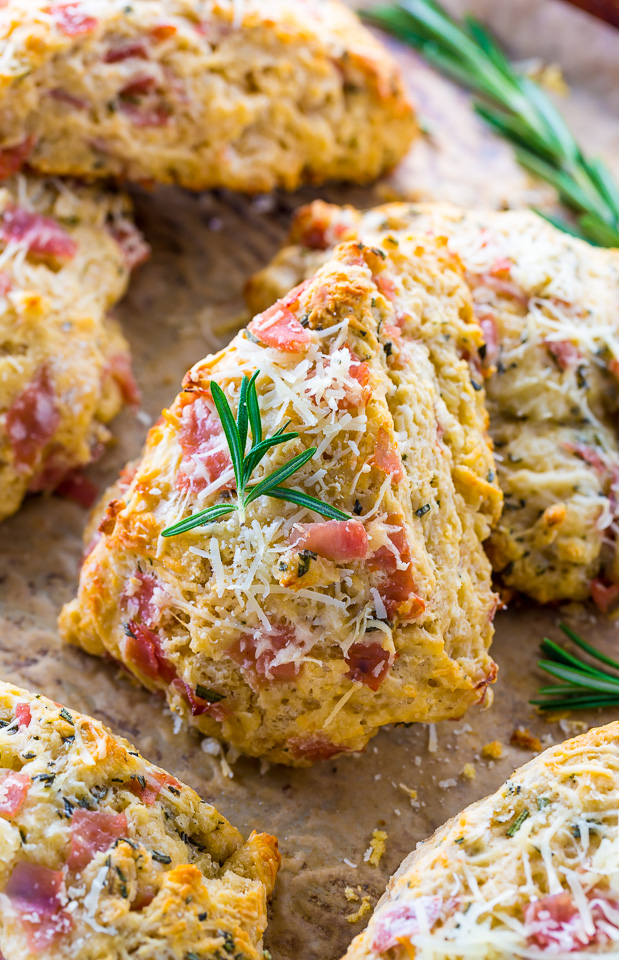 Savory Scones loaded with Parmesan cheese, Ham, and Rosemary! YUM.