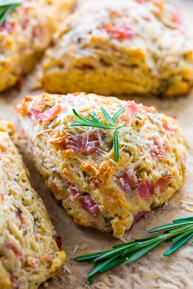 Savory Scones loaded with Parmesan cheese, Ham, and Rosemary! YUM.