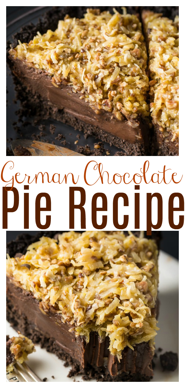 An easy and indulgent No-Bake German Chocolate Pie Recipe! Featuring a chocolate cookie crust, decadent chocolate filling, and coconut pecan topping, this sinfully sweet pie is always a hit! Perfect for those days it's too hot to bake!