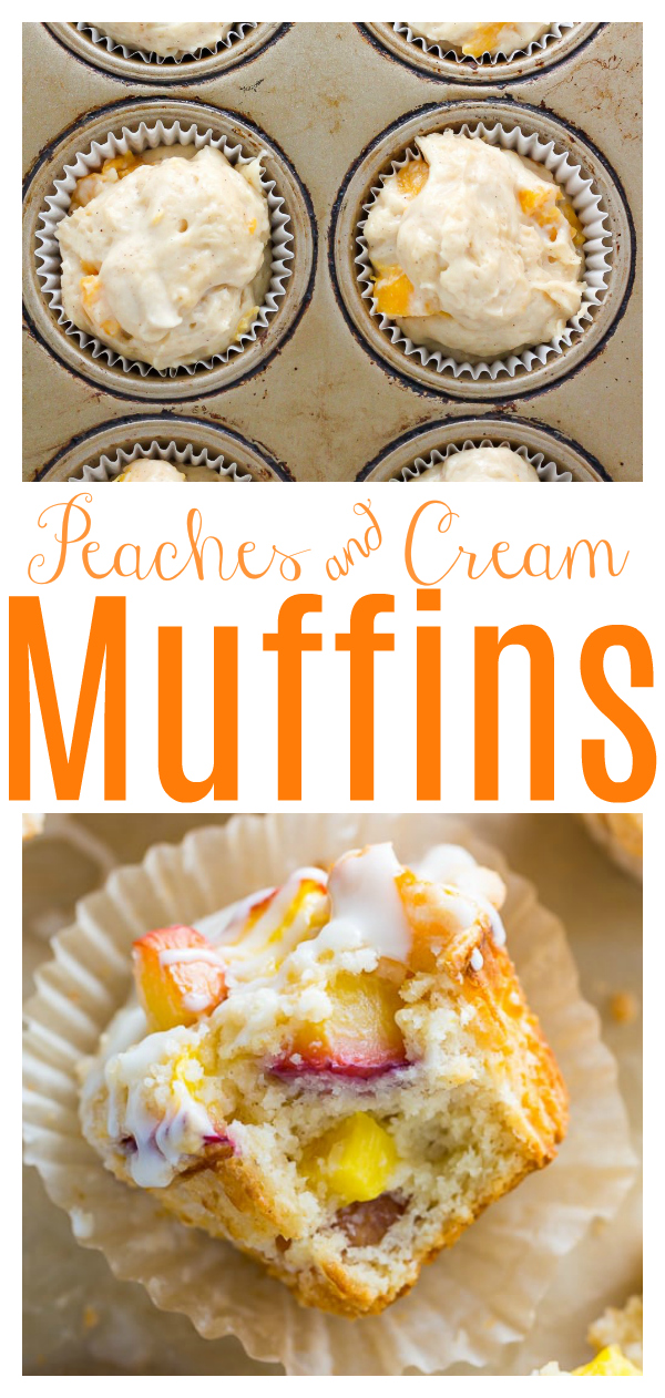 These moist and fluffy Peaches and Cream Muffins are sure to make you weak at the knees! Loaded with fresh peach pieces, topped with buttery crumbs, and drizzled with vanilla glaze, these are perfect for breakfast, brunch, or as an afternoon snack! A great way to use up Summer peaches!