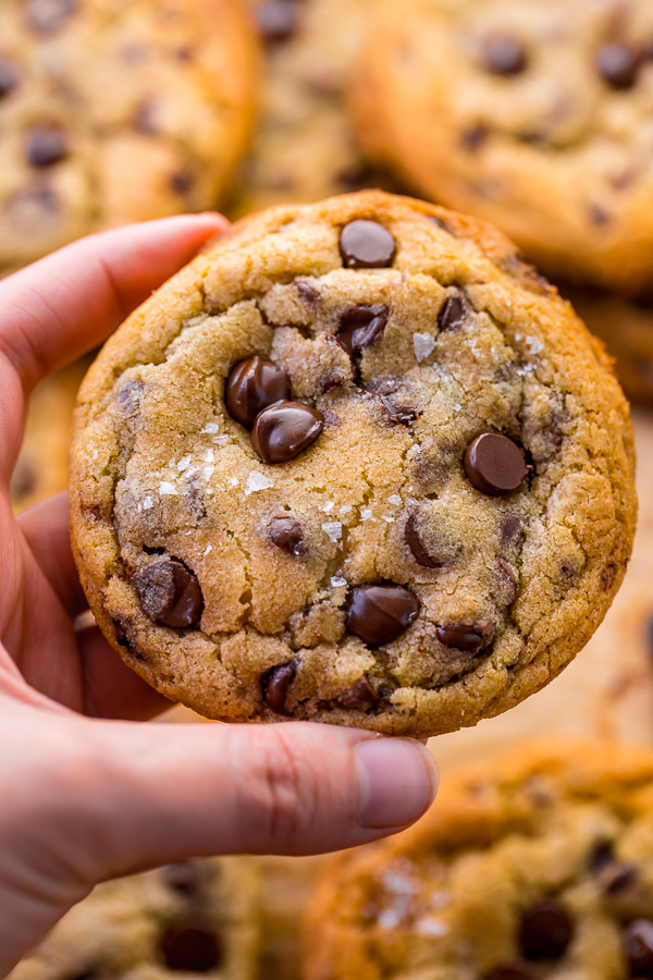Hand holding a chocolate chip cookie.
