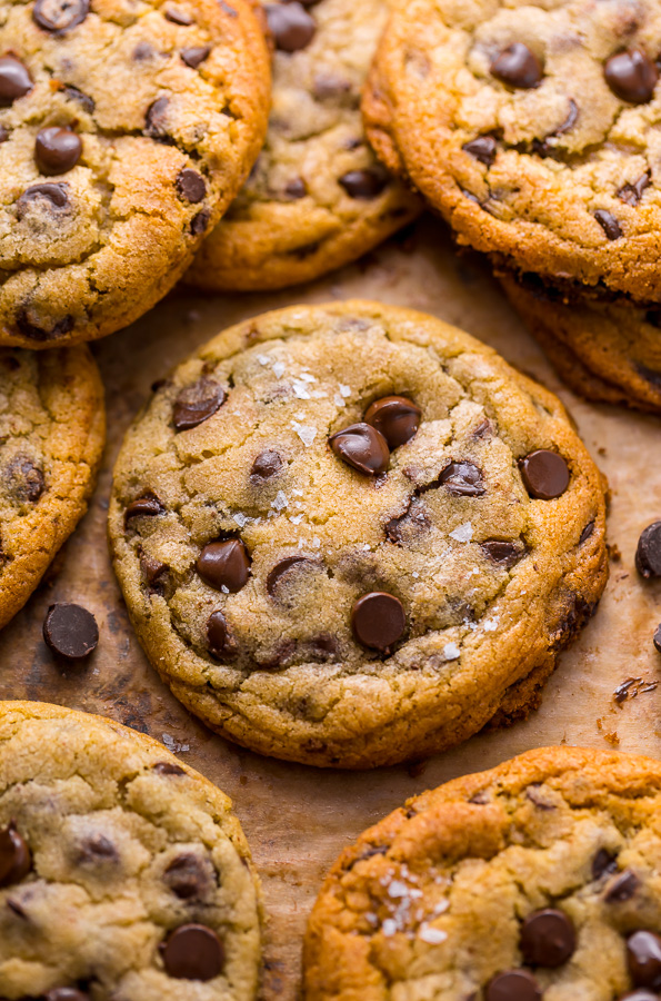 Brown Butter Chocolate Chip Cookies on parchment paper.