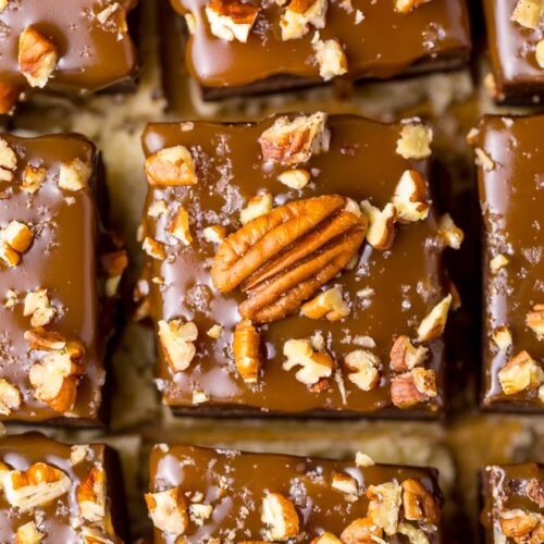 These Salted Caramel Turtle Fudge Bars are crunchy, creamy, and chewy! And the best part is they're so easy to make.