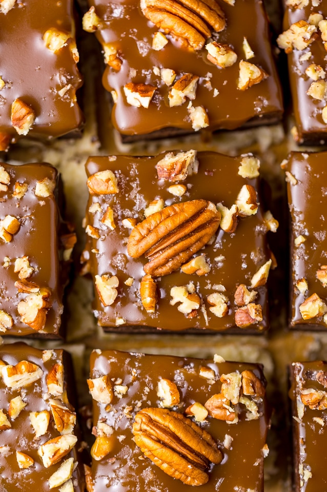 These Salted Caramel Turtle Fudge Bars are crunchy, creamy, and chewy! And the best part is they're so easy to make.