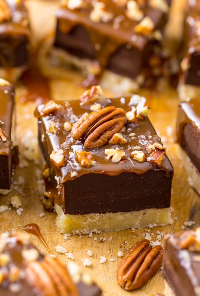 These Salted Caramel Turtle Fudge Bars are crunchy, creamy, and chewy! And the best part is they're so easy to make.