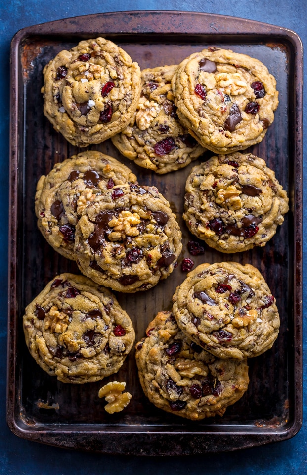 These Dark Chocolate Cranberry Walnut Cookies are thick, chewy, and freezer friendly!