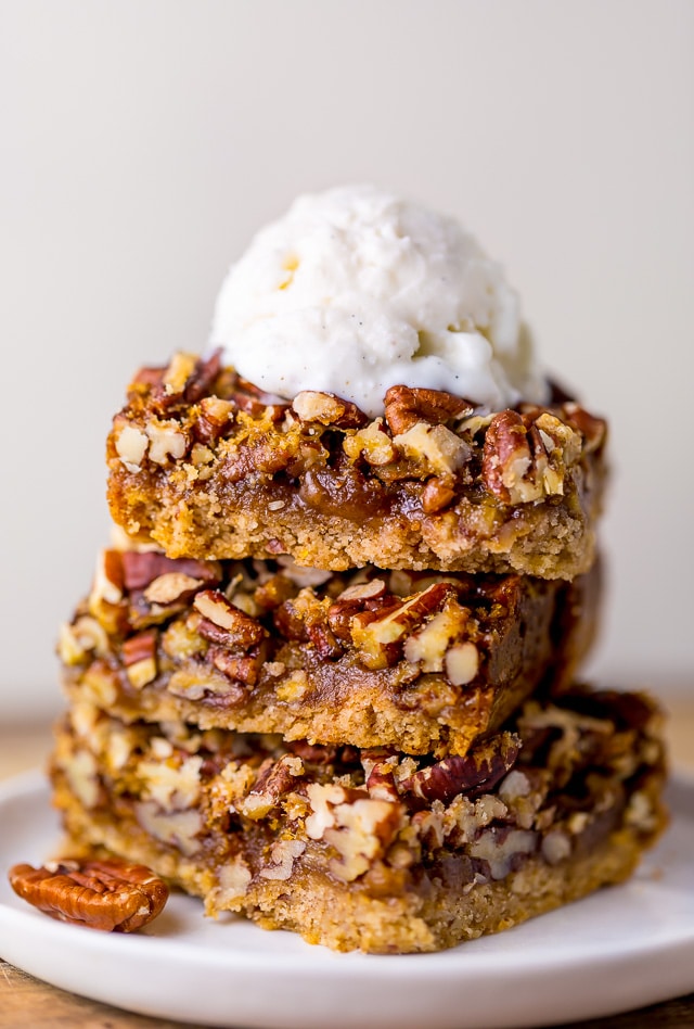 Thick and chewy Pecan Pie Bars! So good with a scoop of ice cream on top.