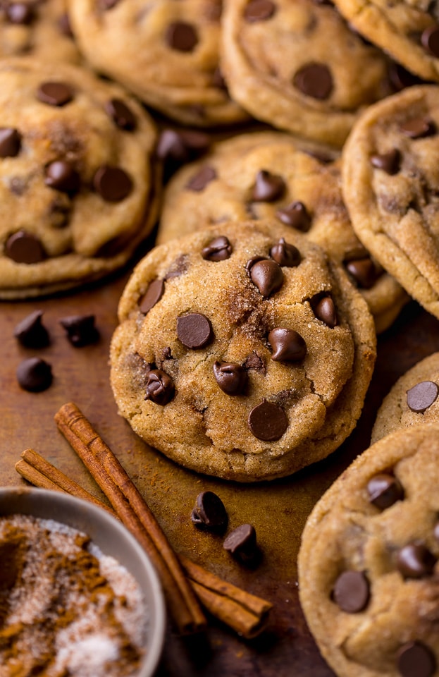 Thick and chewy, these Brown Butter Chocolate Chip Snickerdoodles are the ultimate holiday cookie!