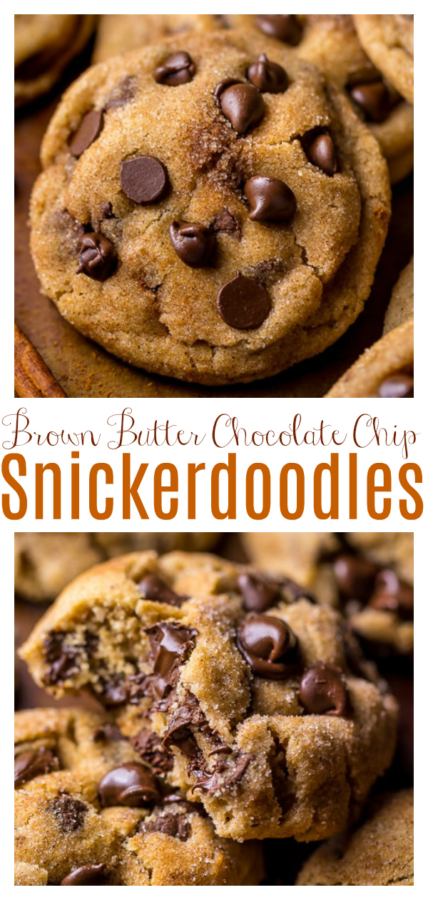 Thick and chewy, these Brown Butter Chocolate Chip Snickerdoodles are the ultimate holiday cookie! 