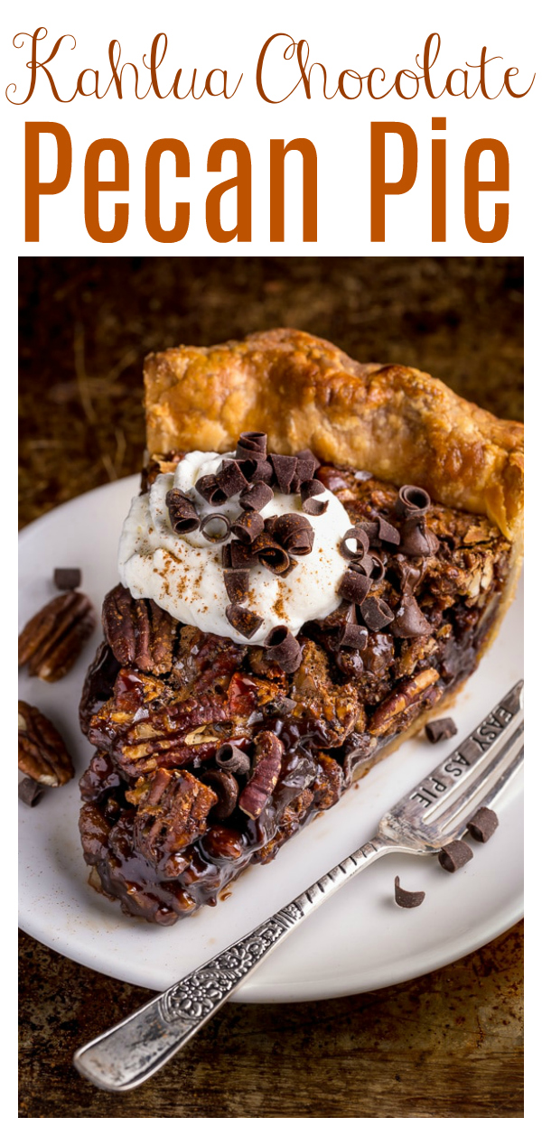 It's not Thanksgiving in our house without this Chocolate Pecan Pie! Featuring an all-butter crust, toasted pecans, chocolate chips, and a dash of Kahlua, it's insanely flavorful! And the perfect pecan pie for any chocolate lover!