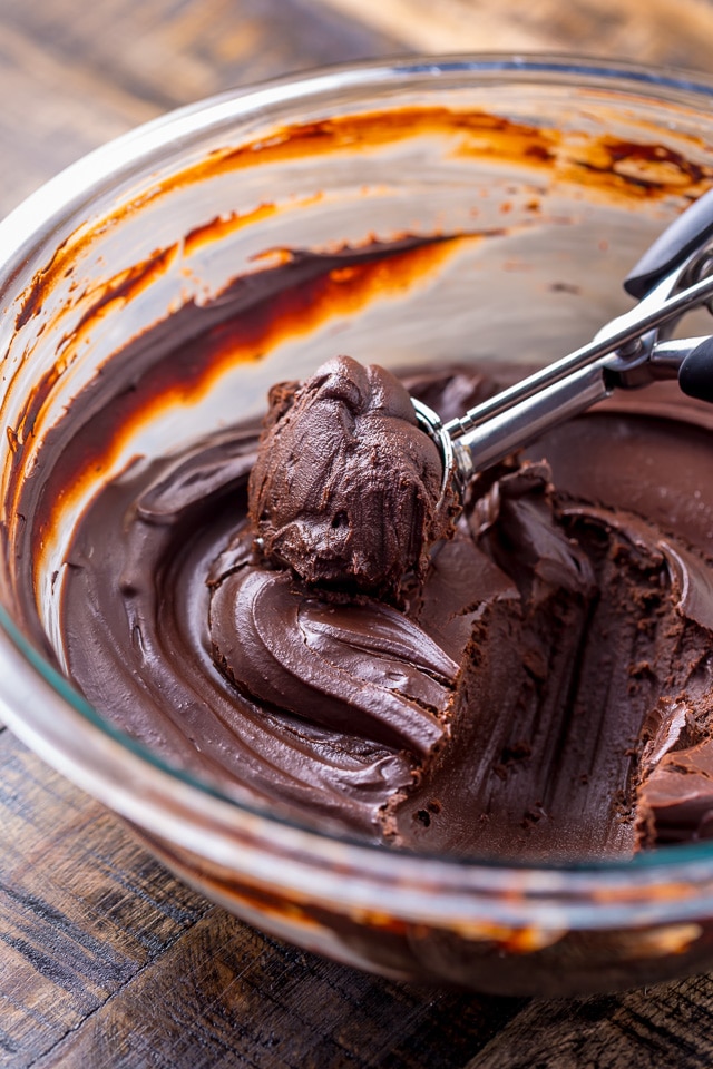 Espresso Chocolate Truffle Batter being scooped. 