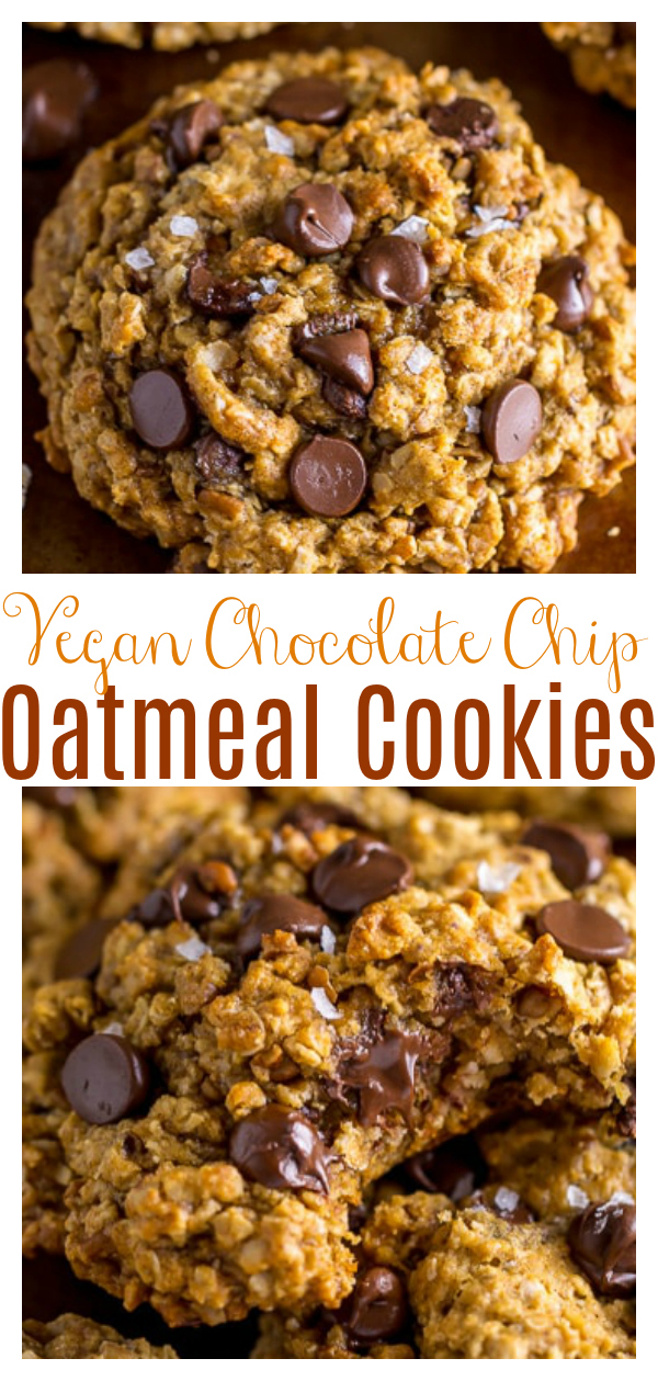 My Vegan Oatmeal Chocolate Chip Cookies are thick, chewy, and spiced with flavorful cinnamon, nutmeg, and molasses! A delicious holiday cookie recipe anyone can enjoy! 