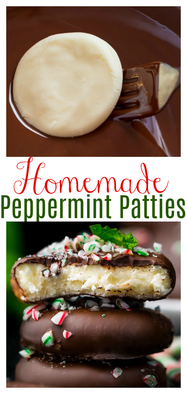 Homemade 5-Ingredient Peppermint Patties are so easy and delicious! The patties are made with sweetened condensed milk, confectioners' sugar, and peppermint extract, and then dipped in dark chocolate and sprinkled with crushed candy canes or peppermint candies! The perfect homemade holiday gift!