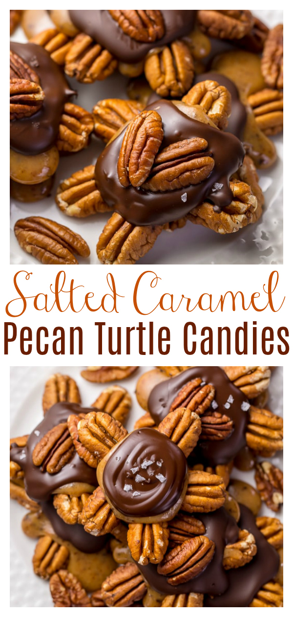 Dark Chocolate Salted Caramel Pecan Turtles are crunchy, creamy, and of course... chocolatey! This simple treat is fun to make and will make any cookie platter extra special! Homemade Turtle Candies are a must make this holiday season!