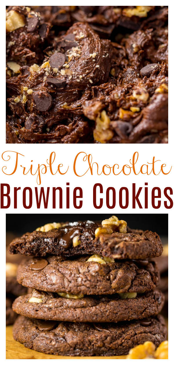 These Triple Chocolate Brownie Cookies are SO decadent! Soft, fudgy, and sprinkled with crunchy walnuts, it’s just like eating a brownie, but in a cookie form. This brownie cookie recipe is always a hit with chocolate lovers!