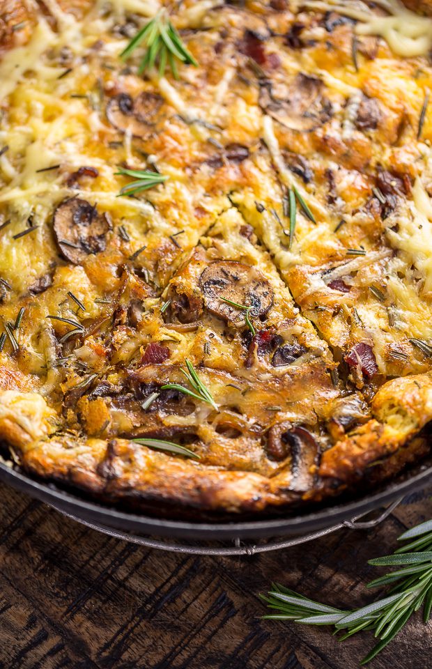 This Mushroom, Bacon, and Swiss Frittata is so easy and perfect for brunch! Delicious served warm or cold!