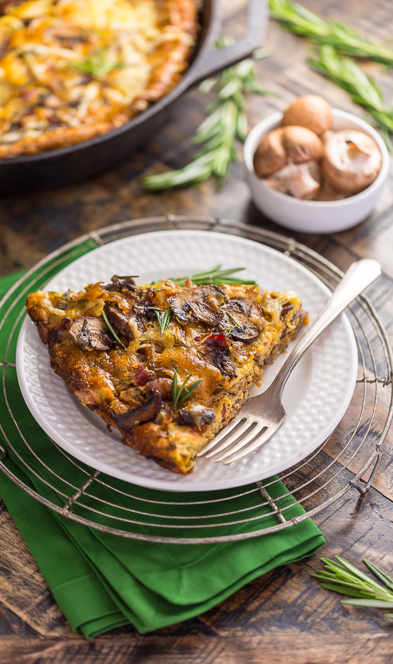 This Mushroom, Bacon, and Swiss Frittata is so easy and perfect for brunch! Delicious served warm or cold!