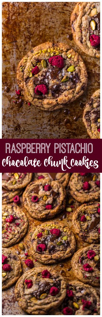 These Raspberry Pistachio Chocolate Chunk Cookies are thick, chewy, and so flavorful! Bonus: they're super pretty, too!