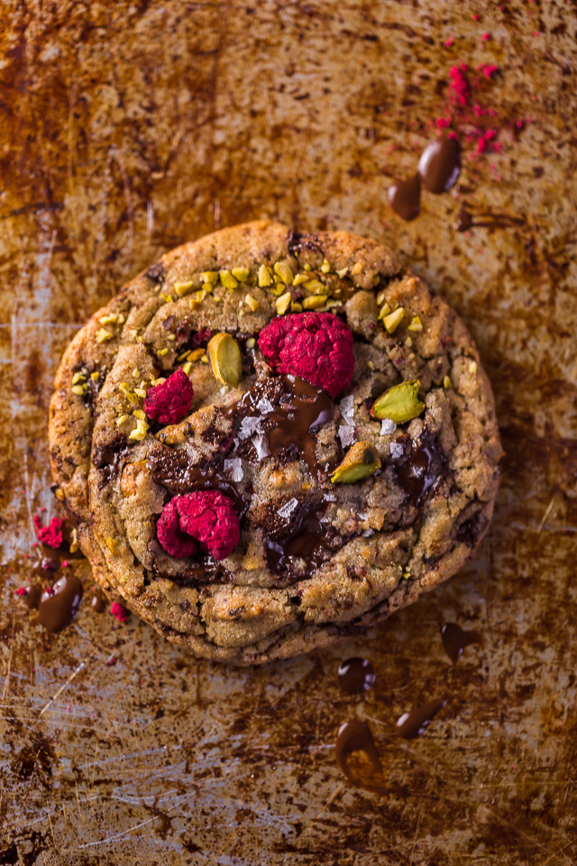 These Raspberry Pistachio Chocolate Chunk Cookies are thick, chewy, and so flavorful! Bonus: they're super pretty, too!