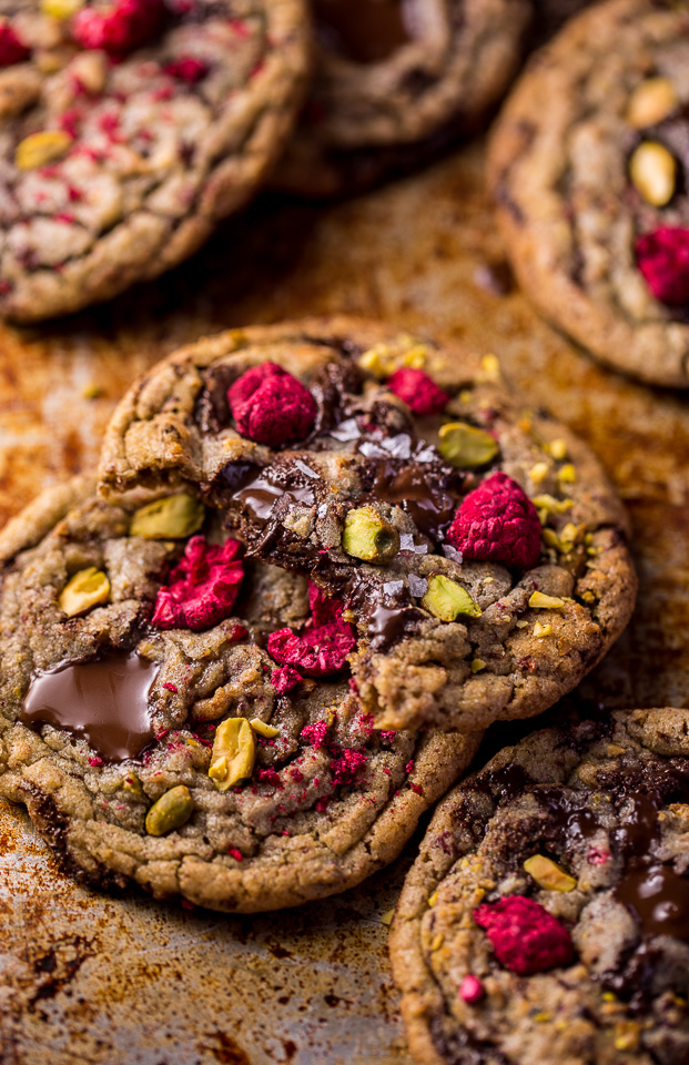 These Raspberry Pistachio Chocolate Chunk Cookies are thick, chewy, and so flavorful! Bonus: they're super pretty, too!