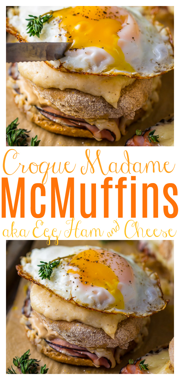 Croque Madame McMuffins... AKA the ultimate ham and cheese sandwich. This delicious French inspired recipe is made with ham, Gruyere, béchamel, and a fried egg. Perfect for breakfast or brunch!