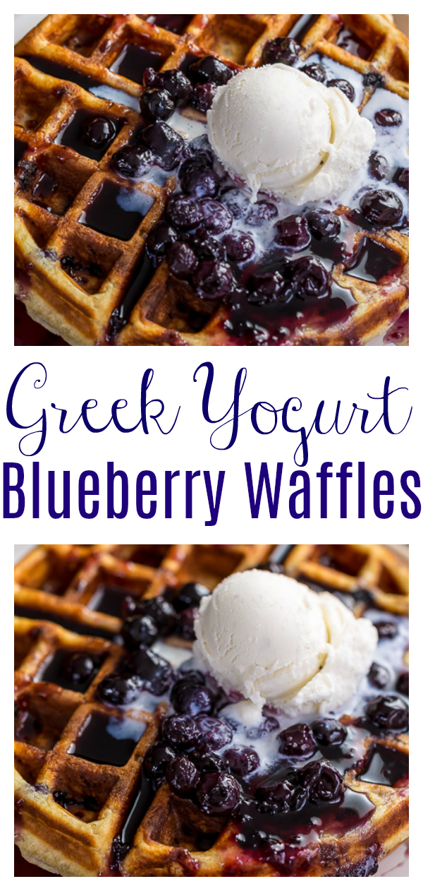 Homemade Greek Yogurt Blueberry Waffles topped with Fresh Blueberry Sauce. Fluffy, crispy, phenomenal. The perfect waffle recipe for special breakfast and brunch at home occasions! 