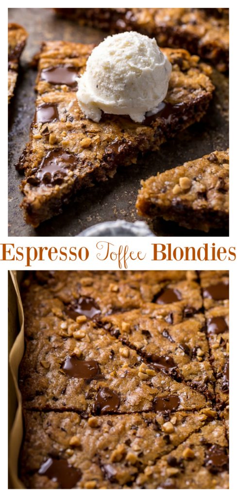 These thick and chewy brown butter espresso toffee blondies are made in one bowl! So easy and SO delicious!