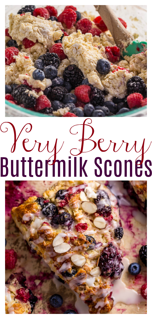 These Bakery-Style Triple Berry Buttermilk Scones are loaded with juicy blueberries, blackberries, and raspberries! Super flaky yet moist and so delicious! And they're so easy to make!