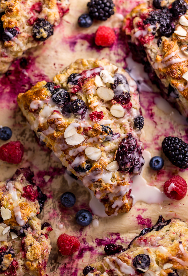 These Bakery-Style Triple Berry Buttermilk Scones are flaky yet moist and so delicious! And they're so easy to make!