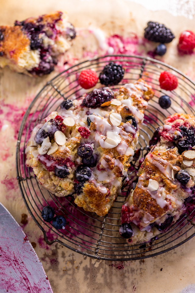 These Bakery-Style Triple Berry Buttermilk Scones are flaky yet moist and so delicious! And they're so easy to make!