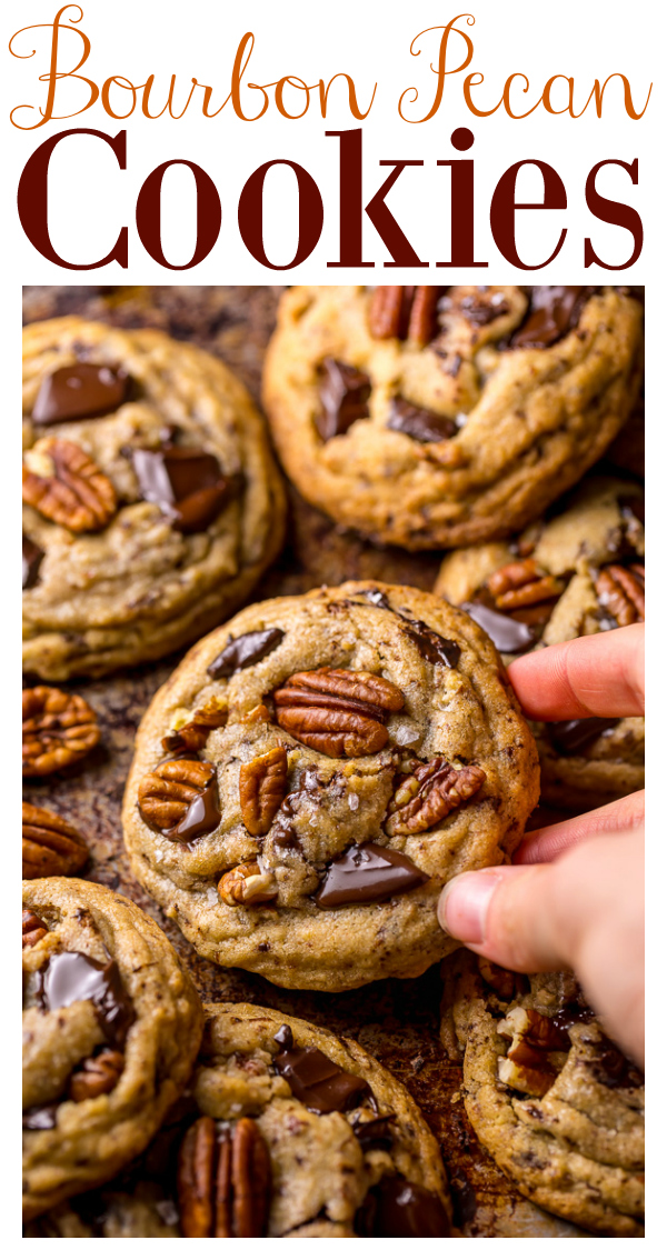 These Brown Butter Bourbon Pecan Chocolate Chunk Cookies are crunchy, chewy, and SO flavorful! The perfect holiday cookie recipe. And a must try for bourbon lovers!