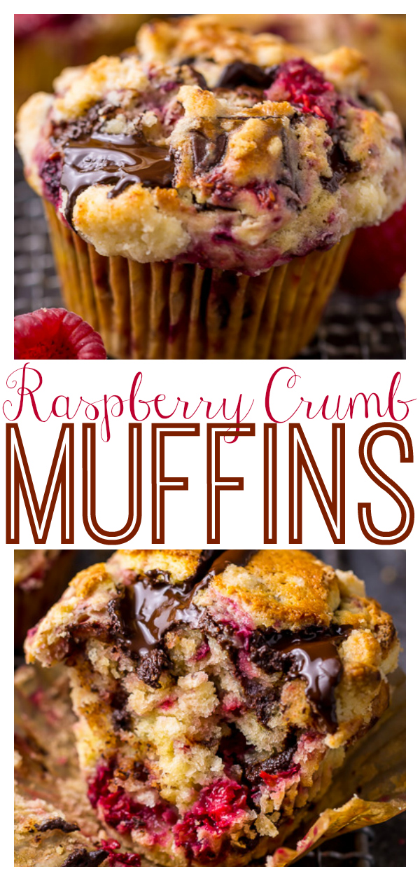 Mmm... these Dark Chocolate Chunk Raspberry Crumb Muffins are so easy and delicious! Loaded with fresh raspberries, dark chocolate chunks, and topped with butter crumbs, they're better than anything you'd get from the bakery! And perfect for breakfast or brunch.
