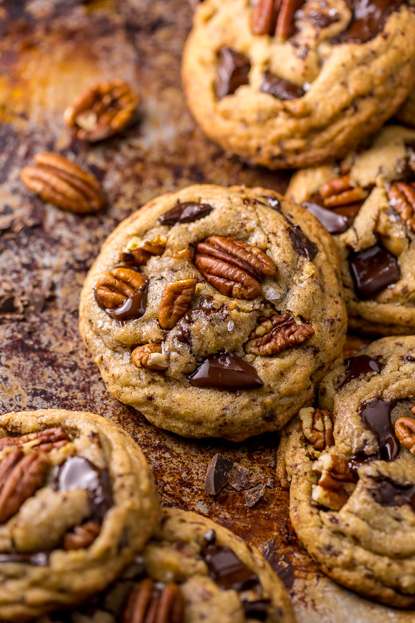 These Brown Butter Bourbon Pecan Chocolate Chunk Cookies are crunchy, chewy, and SO flavorful! You have to try these!