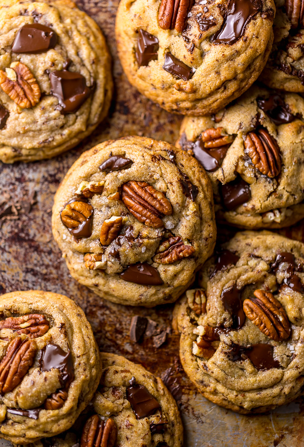 These Brown Butter Bourbon Pecan Chocolate Chunk Cookies are crunchy, chewy, and SO flavorful! You have to try these!