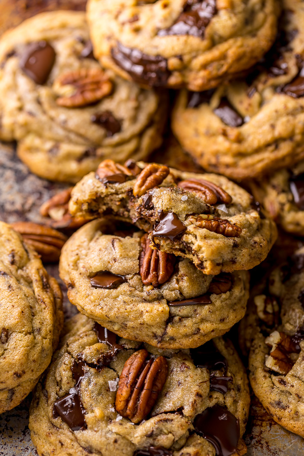 These Brown Butter Bourbon Pecan Chocolate Chunk Cookies are crunchy, chewy, and SO flavorful! You have to try these!