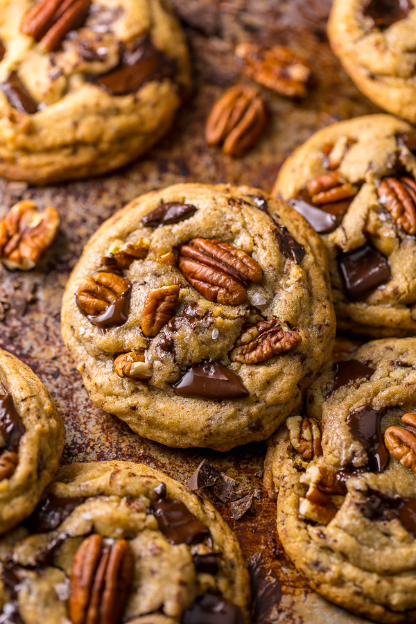 These Brown Butter Bourbon Pecan Chocolate Chunk Cookies are crunchy, chewy, and SO flavorful! You have to try these!