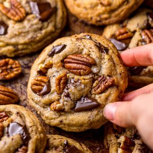 These Brown Butter Bourbon Pecan Chocolate Chunk Cookies are crunchy, chewy, and SO flavorful! You have to try these!