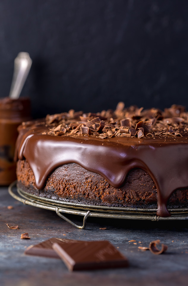 Whole Chocolate Cheesecake covered in chocolate ganache. 