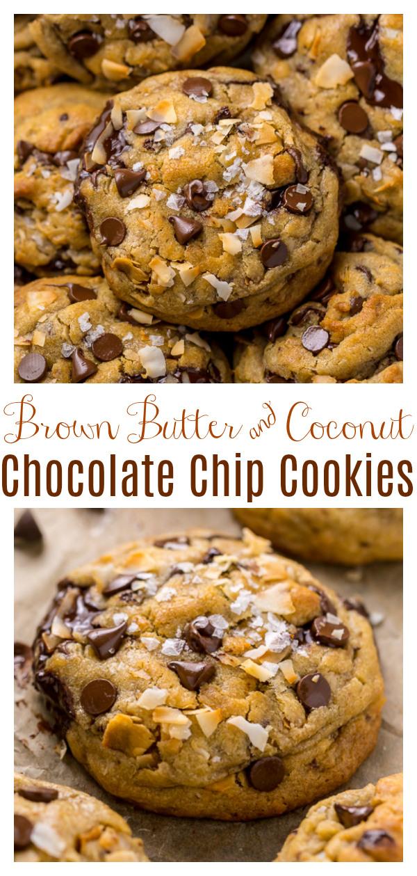 Ultra thick and chewy Brown Butter Coconut Chocolate Chip Cookies! These are so flavorful and freezer friendly! A must try for coconut lovers!