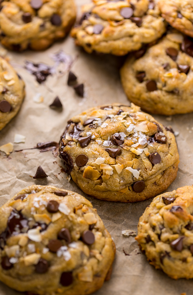 Ultra thick and chewy Brown Butter Coconut Chocolate Chip Cookies! These are so flavorful and freezer friendly!