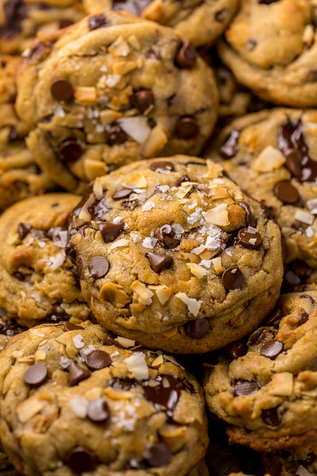 Ultra thick and chewy Brown Butter Coconut Chocolate Chip Cookies! These are so flavorful and freezer friendly!